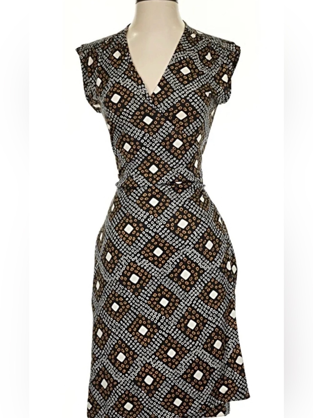 Tory Burch Geometric Black and Tan Print Wrap Dress